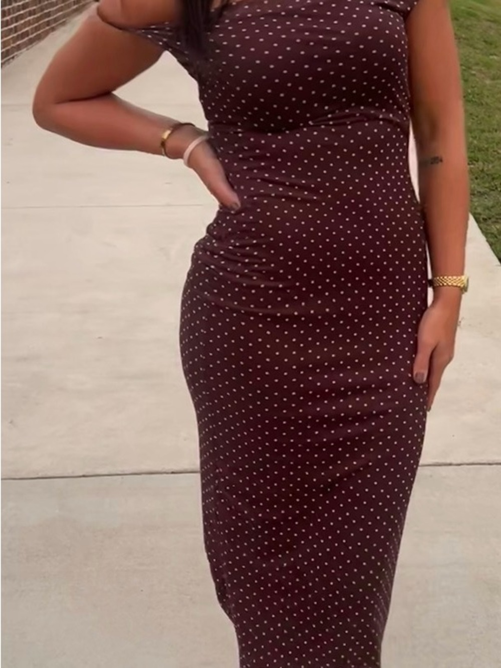 Brown Polka Dot Bodycon Dress - Women's Elegant Midi